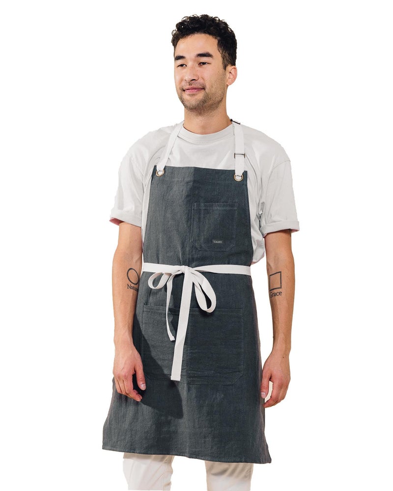 Caldo Linen Kitchen Apron for Cooking- Mens and Womens Linen Bib Apron for Professional Chef, Server, or Barista - Adjustable with Pockets (Slate) - Image 1